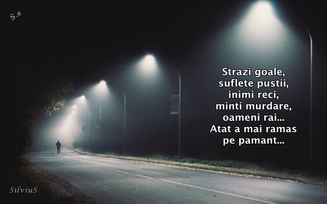 Străzi goale, suflete pustii, inimi reci, minți murdare, oameni rai... Atat a mai ramas pe pamant...